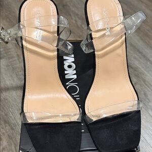 Fashion Nova Black Block Heel Sandals with Clear Straps